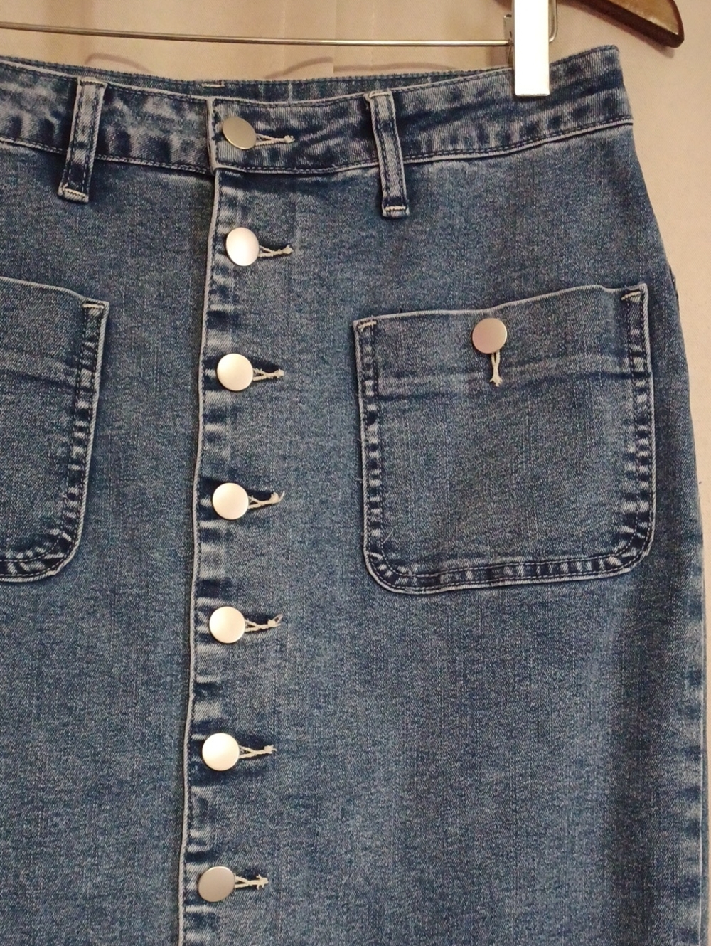 Flamingals Medium Wash Denim Button Front Split Hem Midi Skirt Pockets Stretch M - Picture 5 of 15